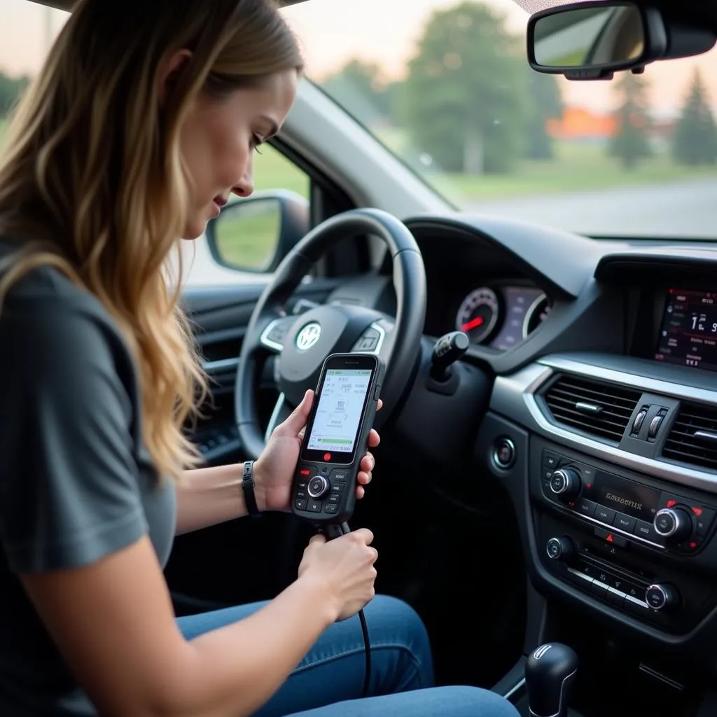 Car owner reading a diagnostic scanner