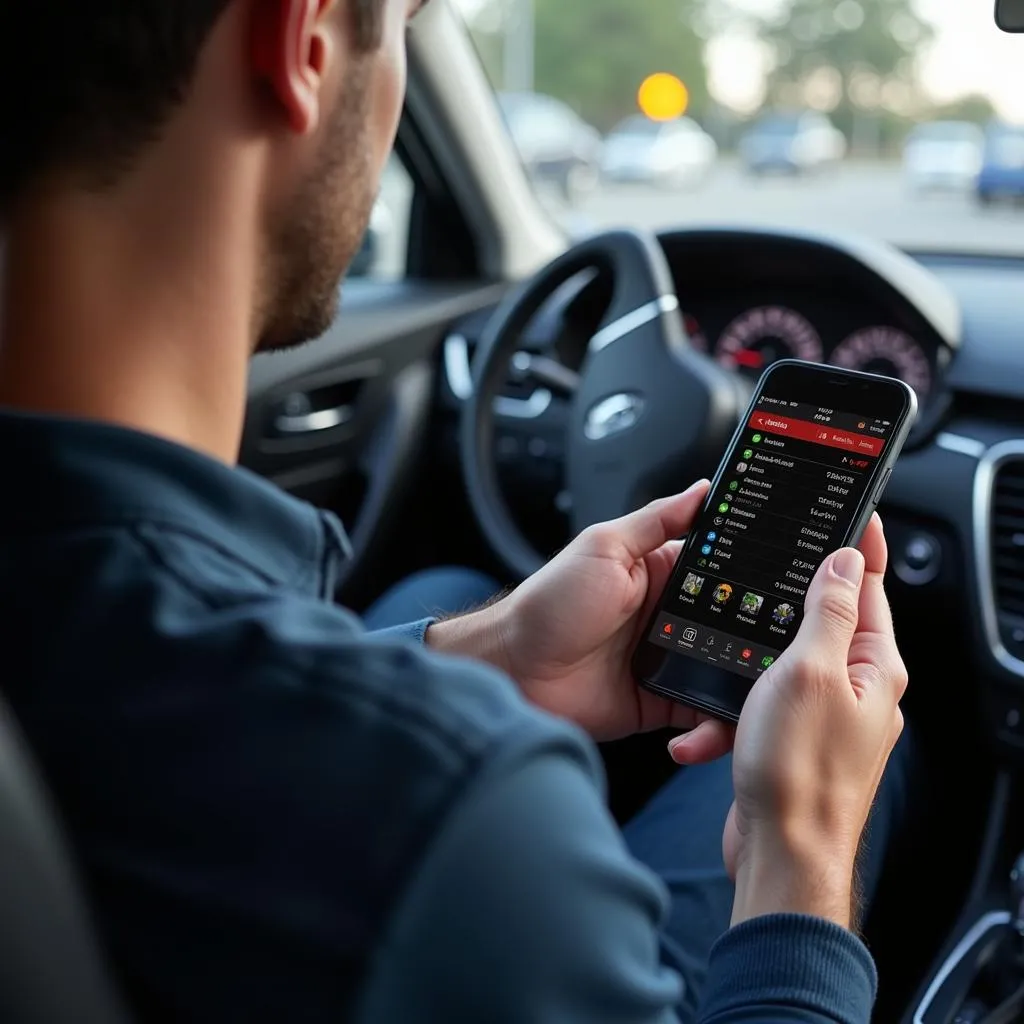 Car Owner Reading U Scan Tool Results on Smartphone