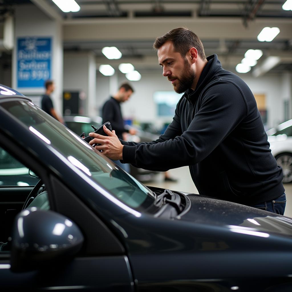 A car owner confidently using a dealer scanner to check their vehicle