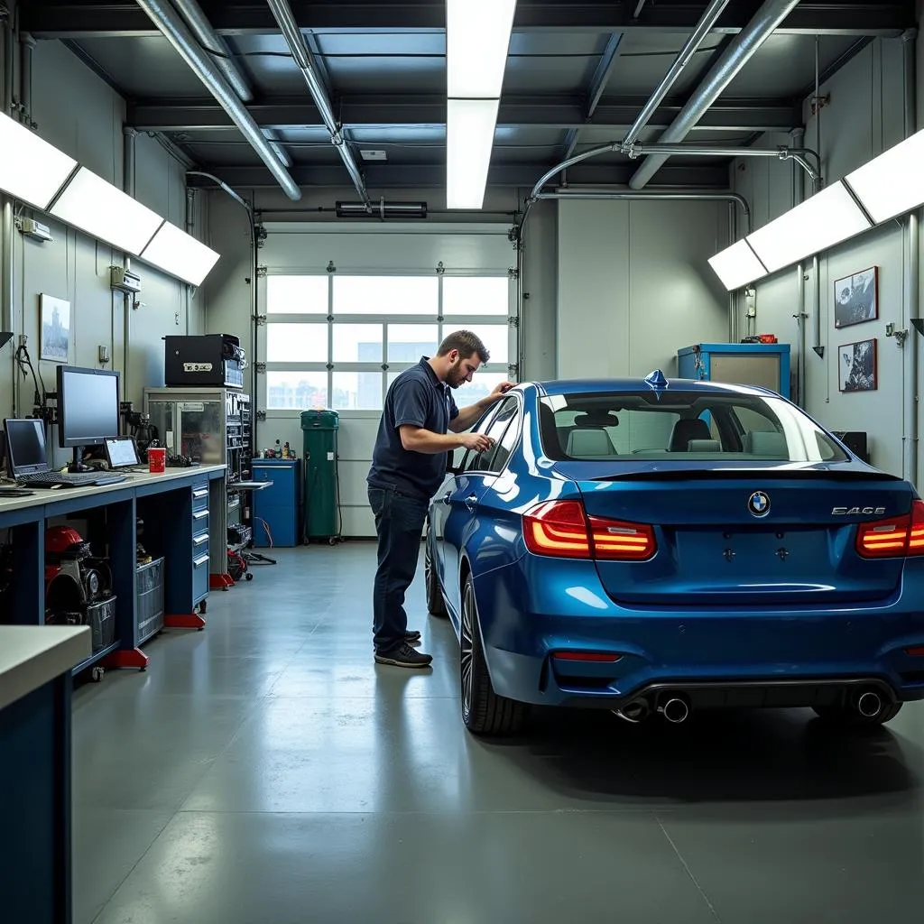 Car paint shop interior with technician