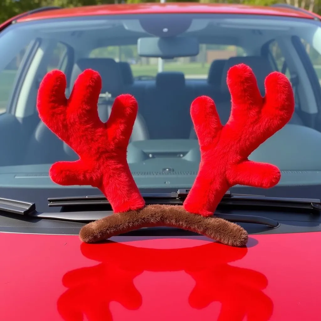 Red Car Decorated with Car Reindeer Antlers