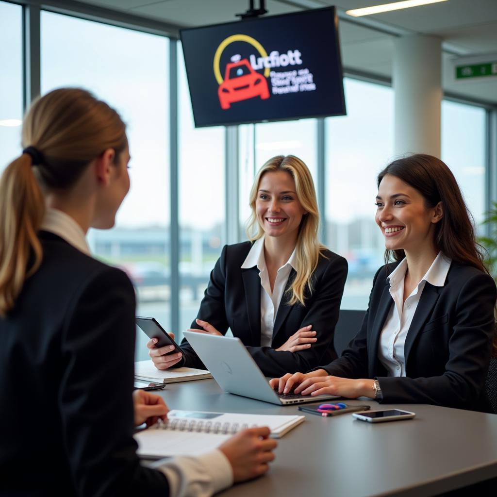 A car rental agent assisting a customer at a desk