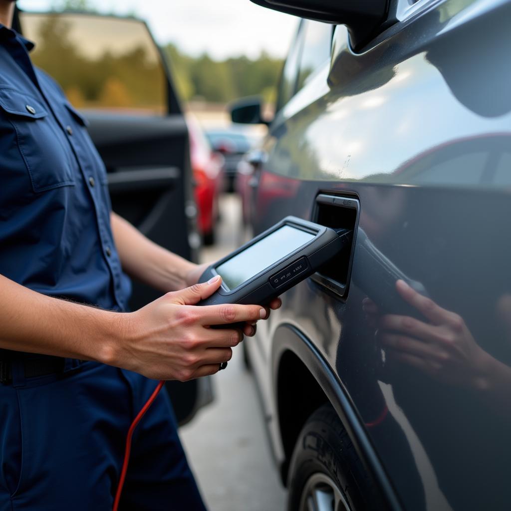 Car rental employee using a diagnostic scanner on a vehicle