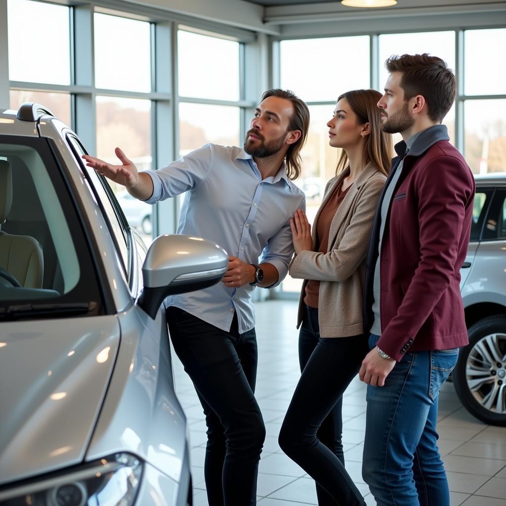 Car salesperson explaining features of a new car to a couple.