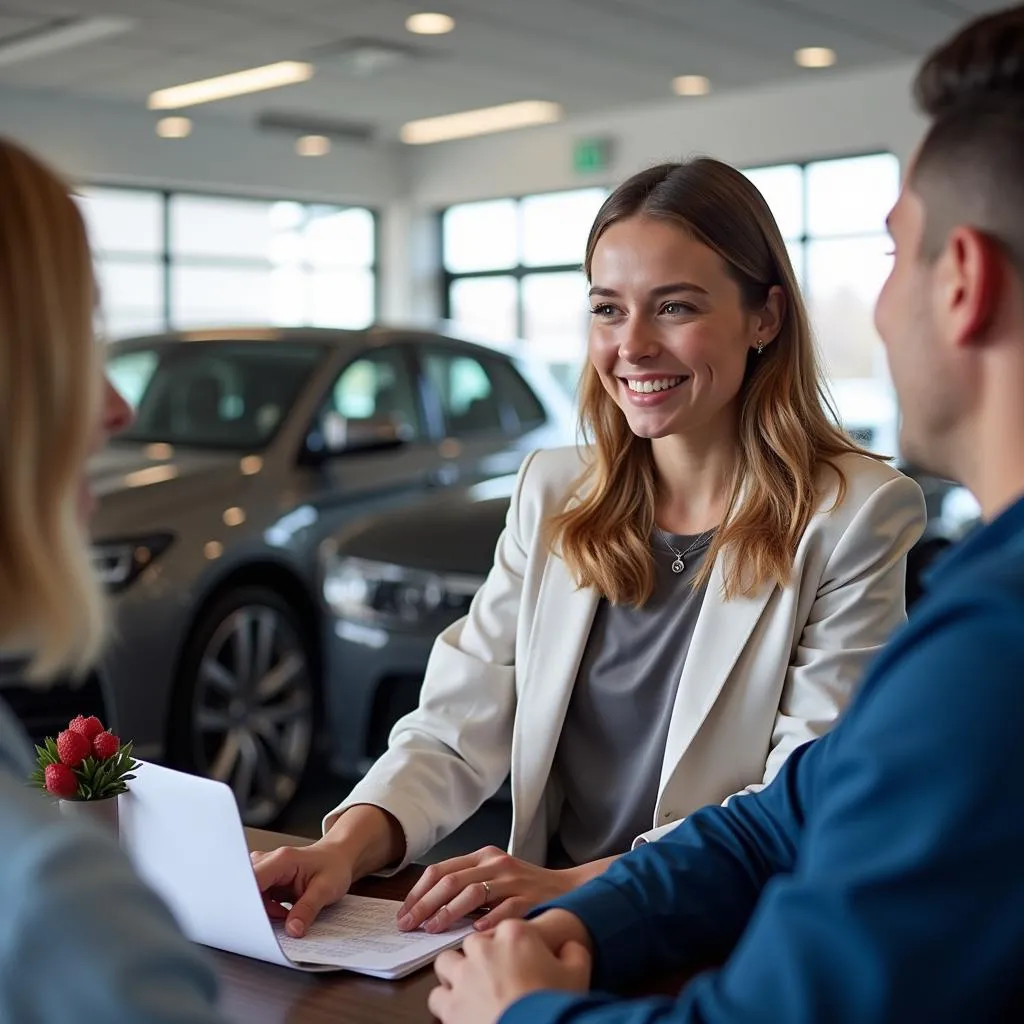 A friendly car salesperson showcasing a vehicle's features to potential customers on the dealership lot.