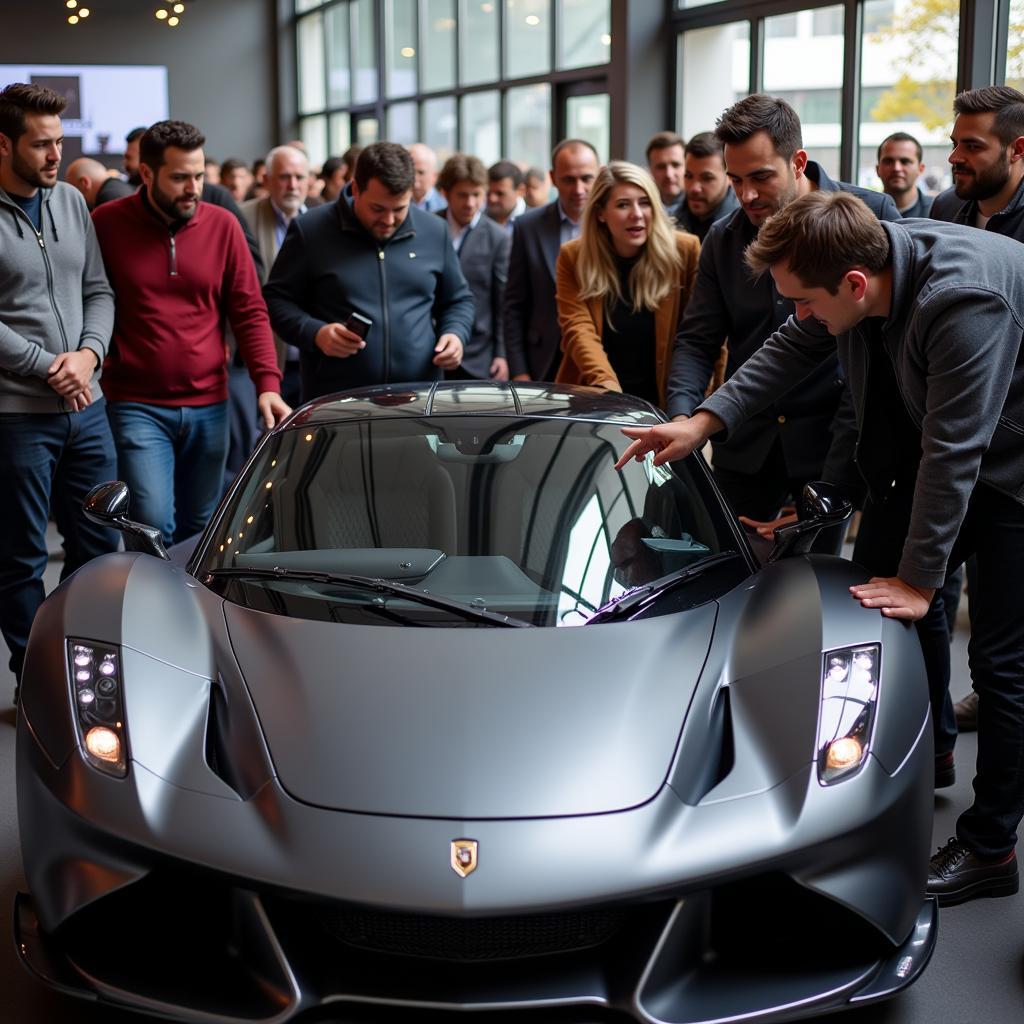 Car show attendees admiring a sports car