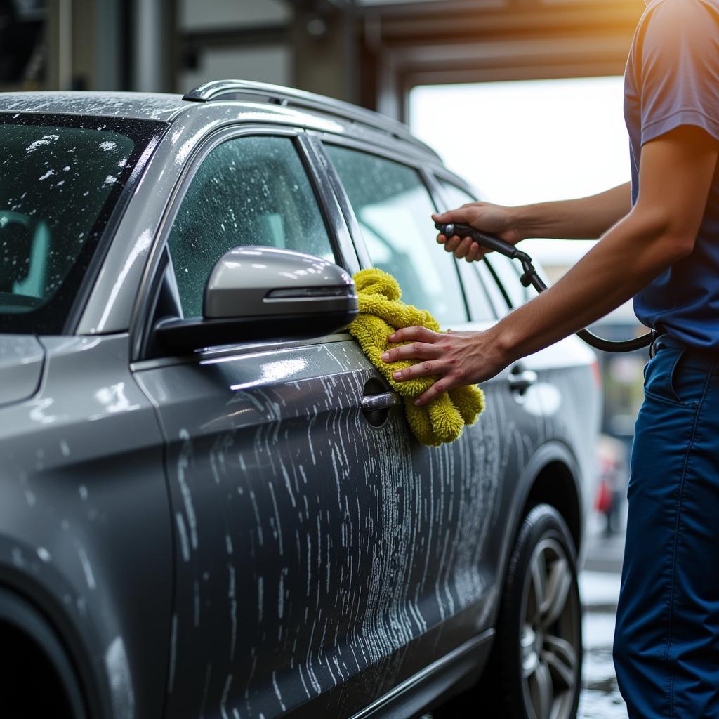 Car Wash Attendant Drying Vehicle