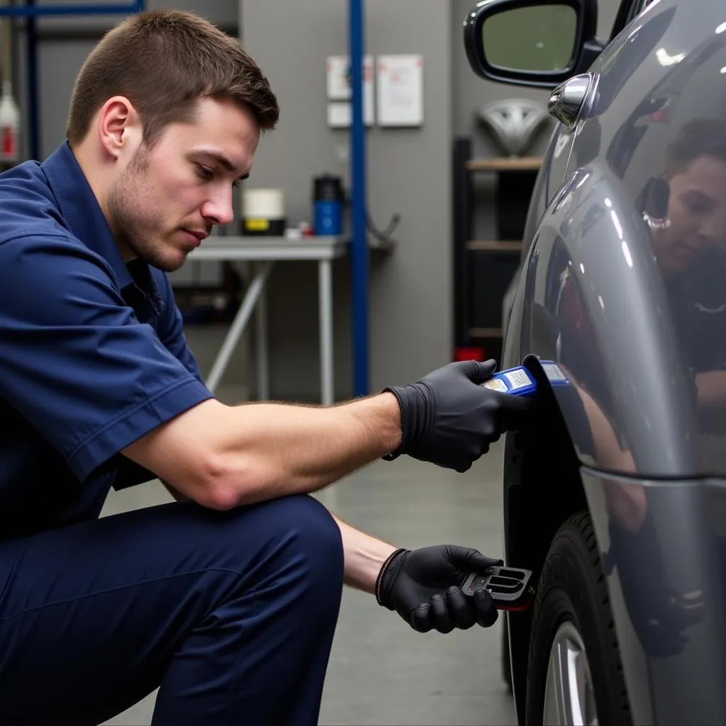 Technician using a Carter scanner to diagnose a vehicle