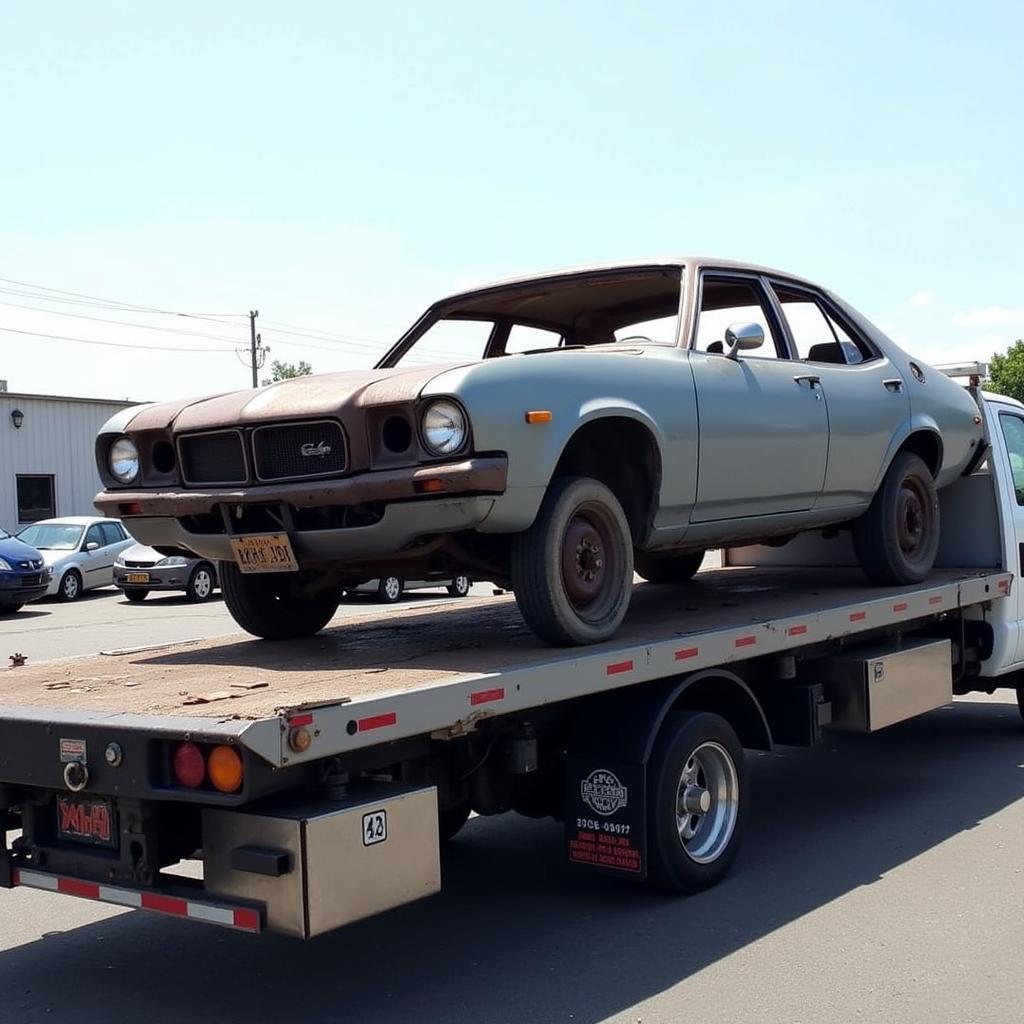 Junk car being loaded onto a tow truck