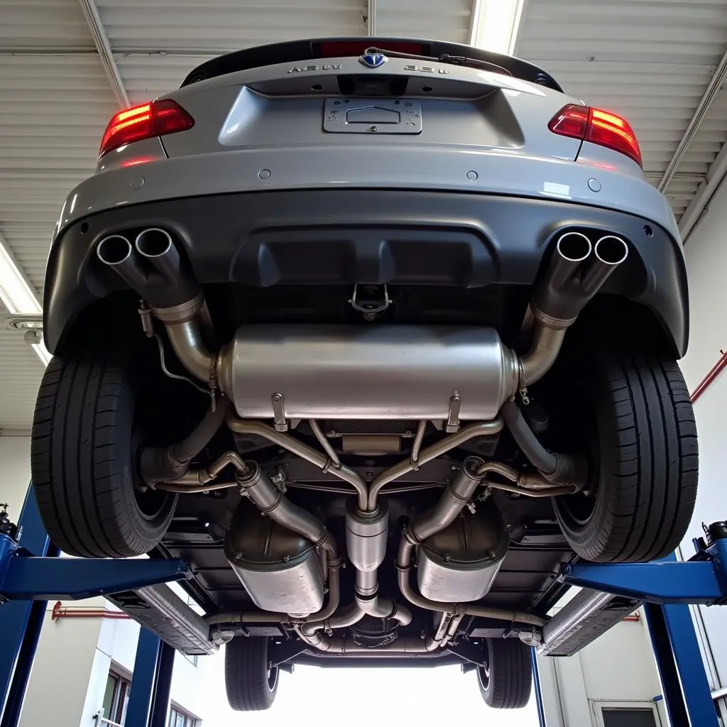 Car on lift showcasing the catalytic converter