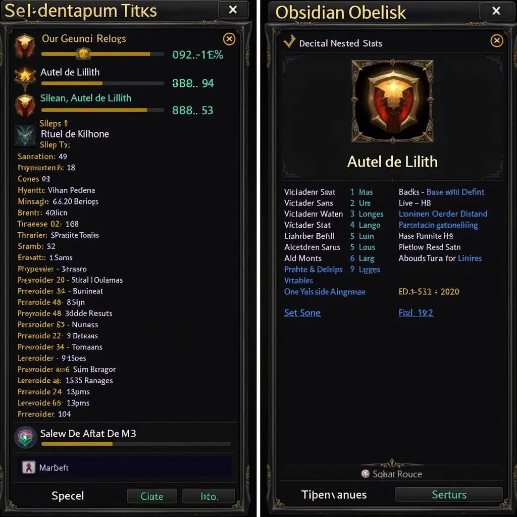 Screenshot of character stats screen with increased attributes and the Obsidian Obelisk interface