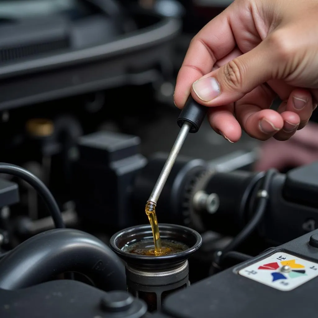 Mechanic checking car oil dipstick