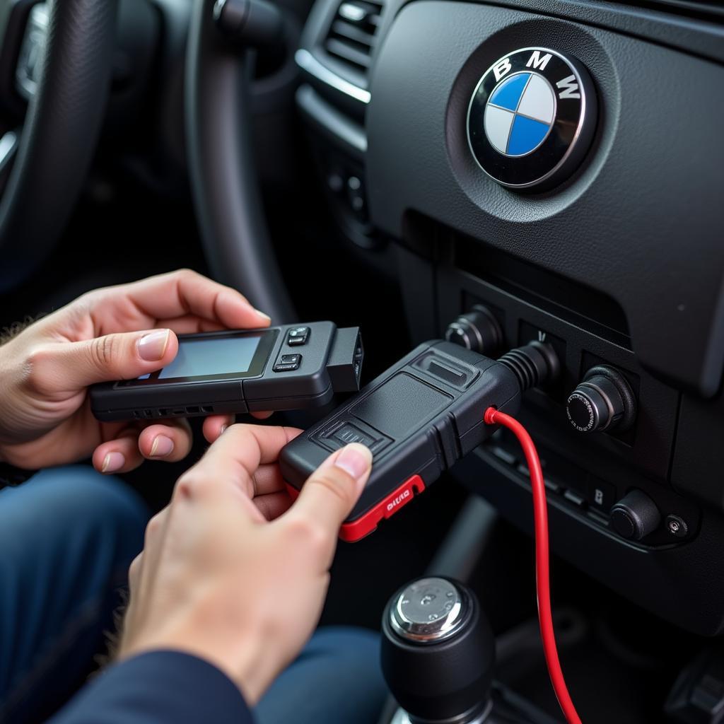 A mechanic inspecting the OBD-II port connection