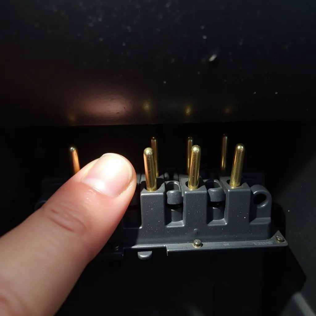  Close-up of an OBD-II port, highlighting the pins and checking for any damage.