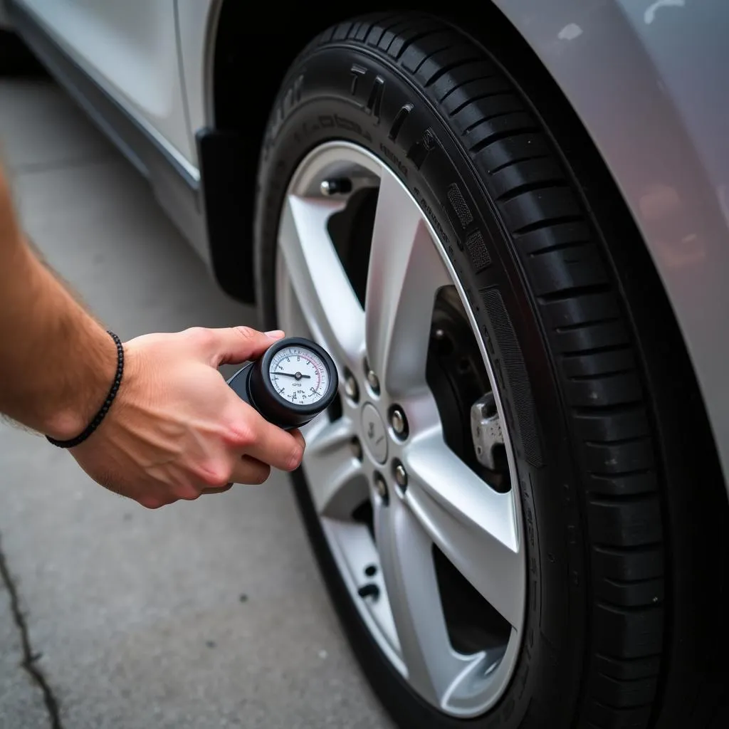 Inspecting Tire Pressure on Rental Car