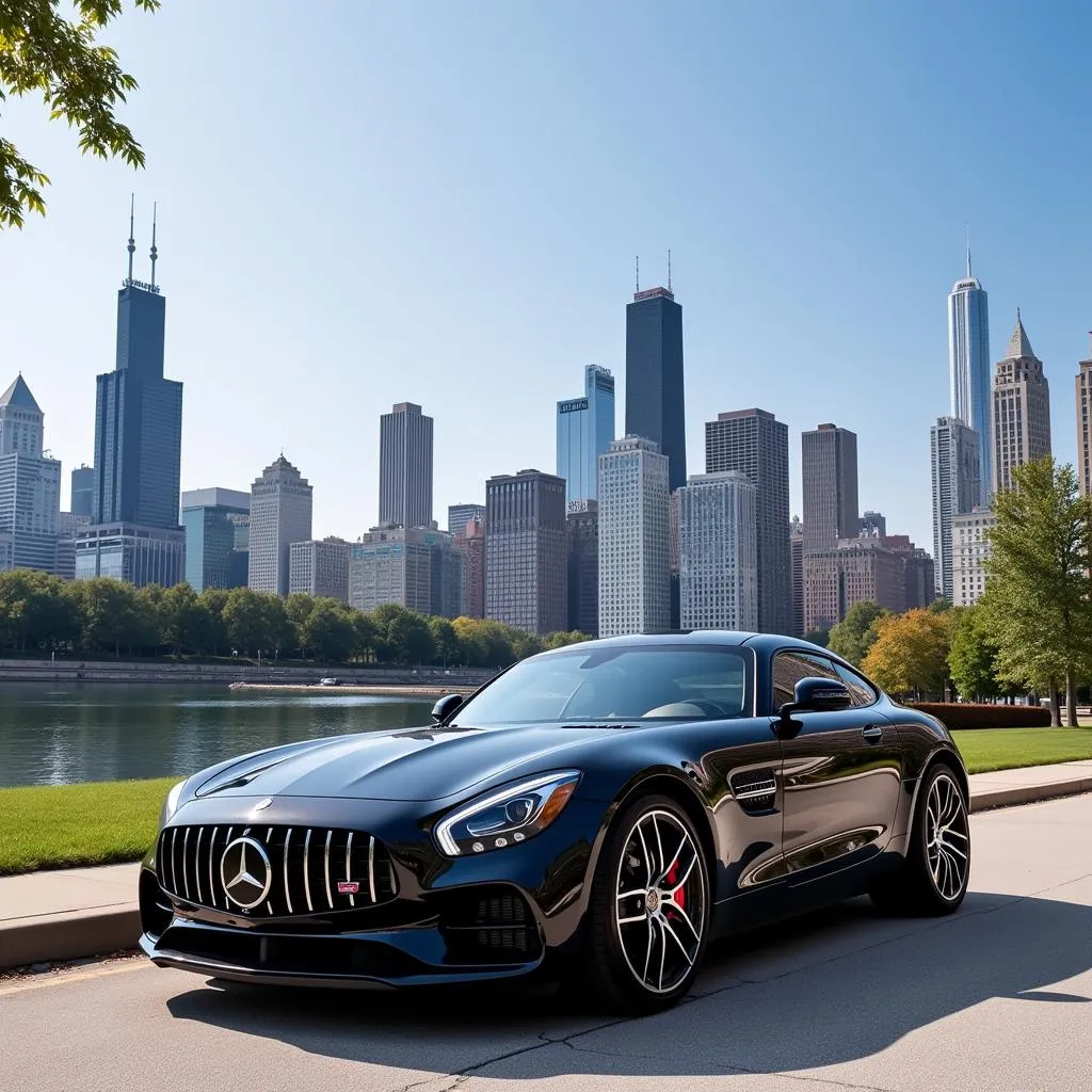 Chicago Skyline with a Luxury Car in the Foreground