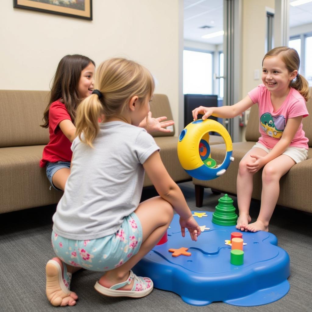 Children playing in the waiting area of a children's urgent care center.