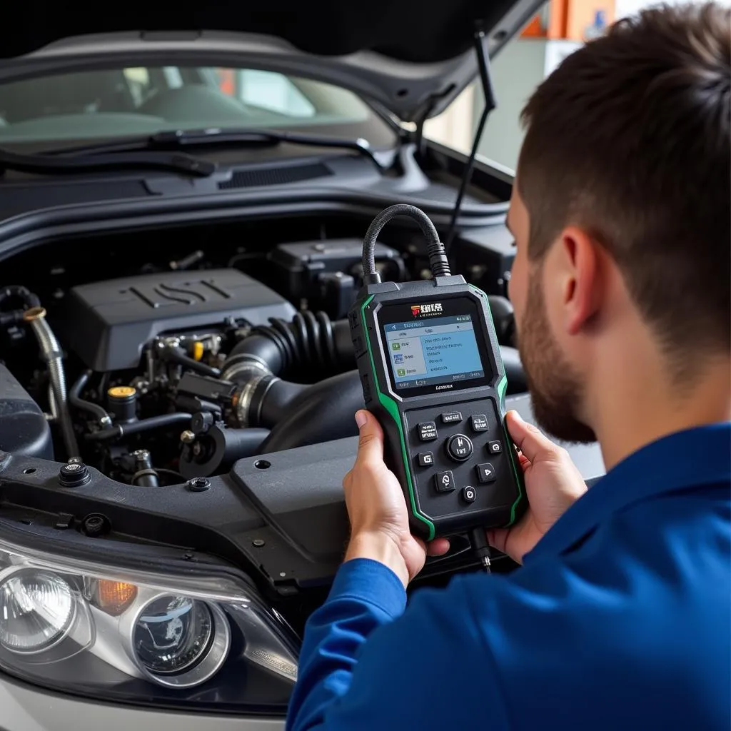 Mechanic using a Chinese Tech 2 scan tool on a car engine