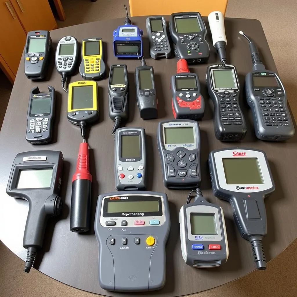 Different types of car scanners displayed on a table