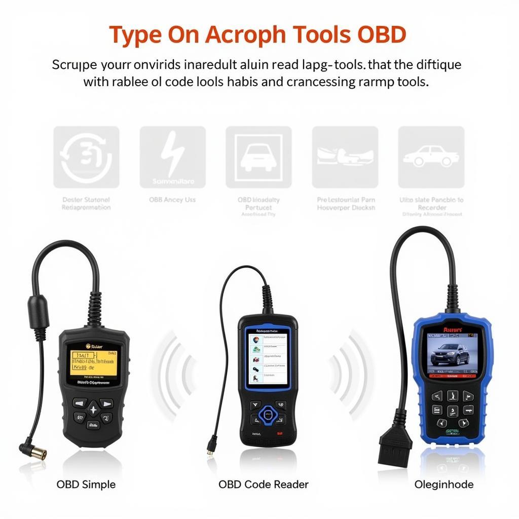 Various types of OBD scan tools displayed on a workbench