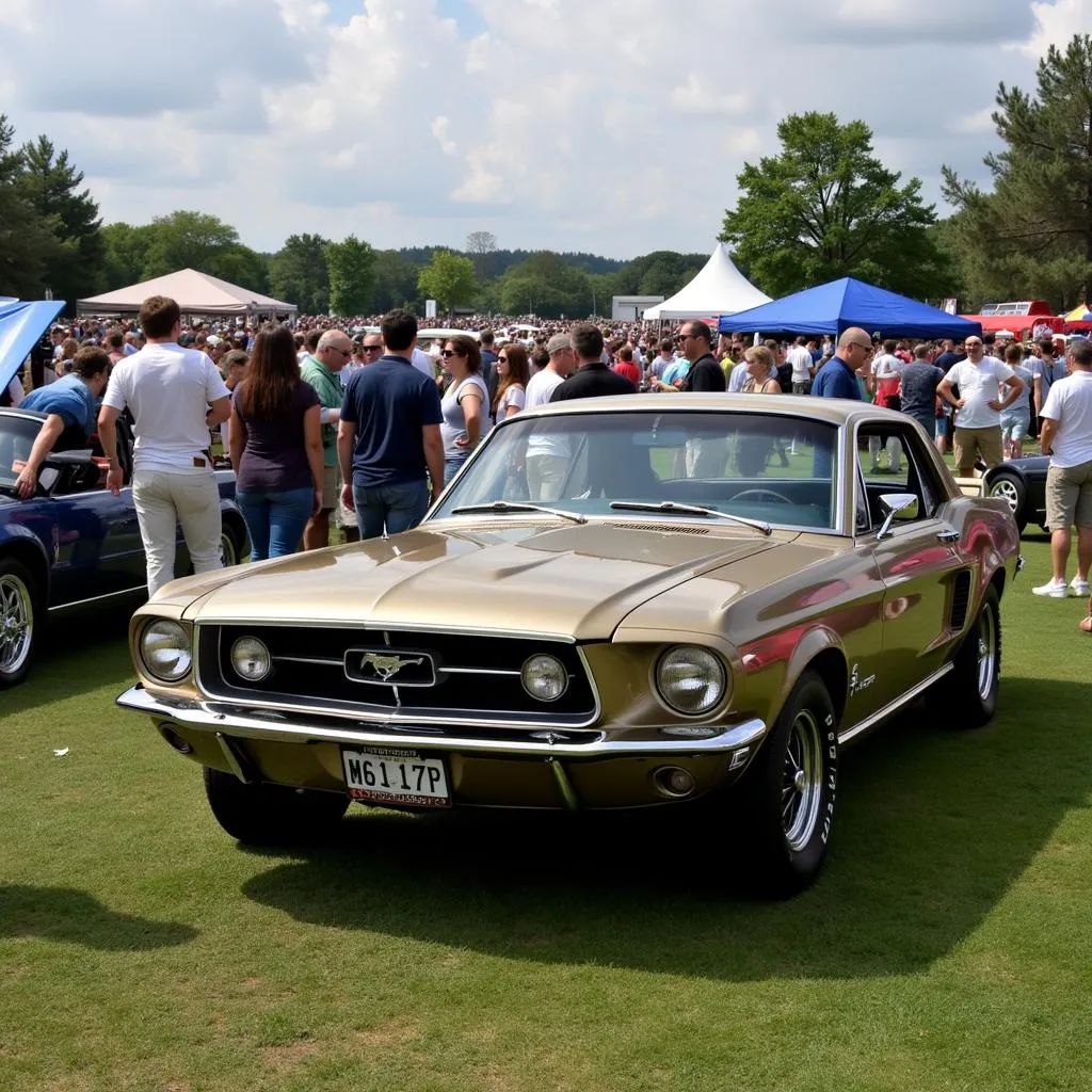 Buyers and sellers gather at a classic car auction, bidding on vintage vehicles including a 1967 Ford Mustang.