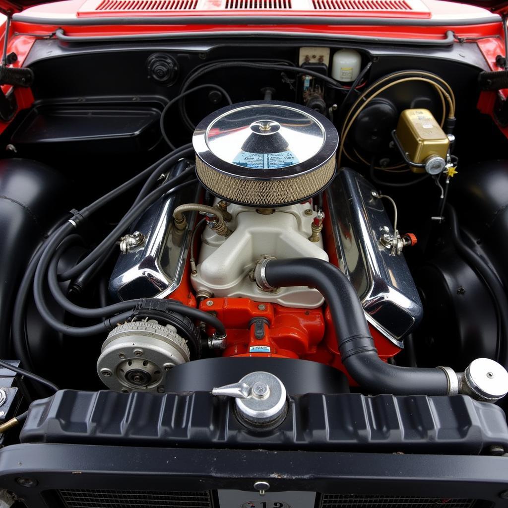 Classic Car Engine Bay with Carburetor and Distributor