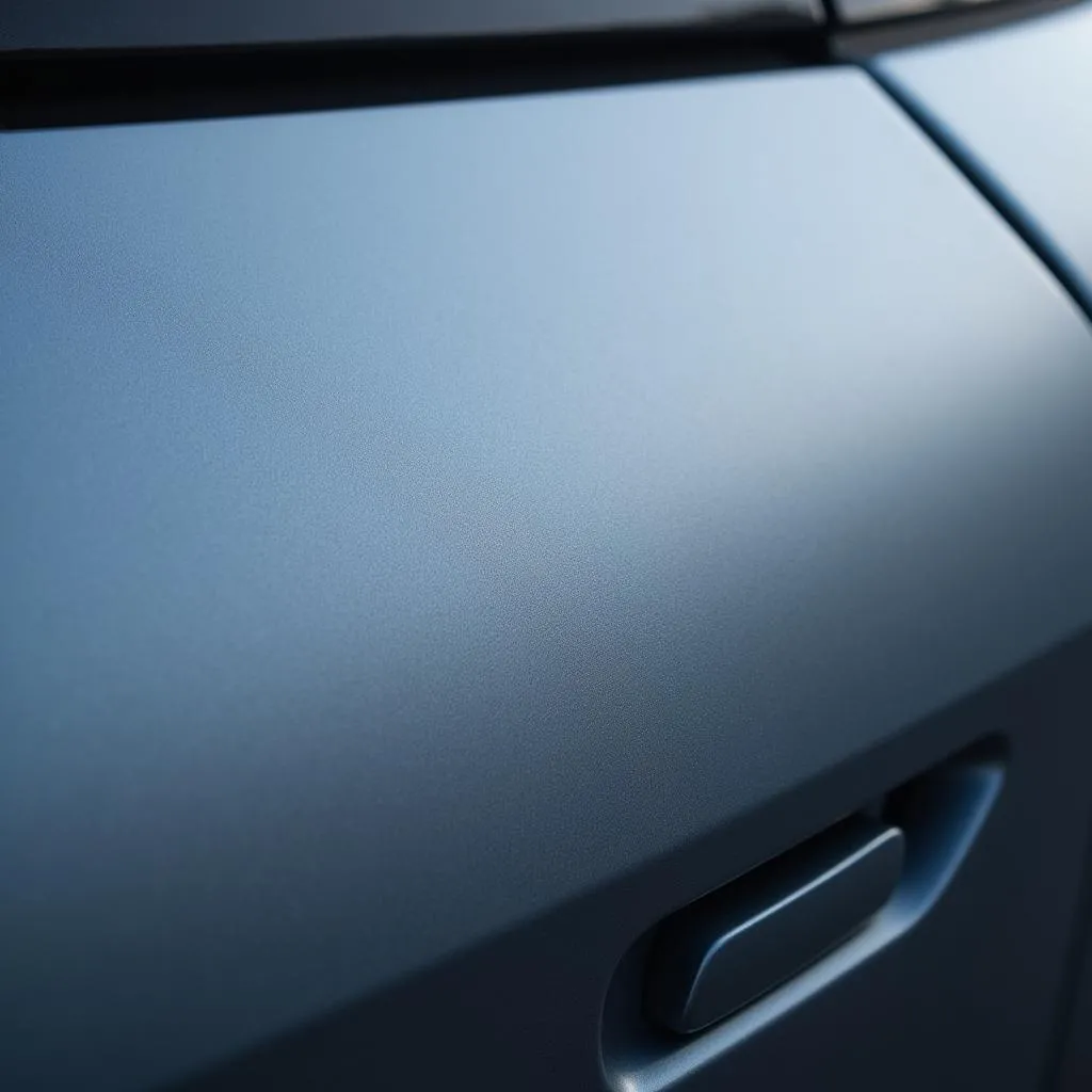 Close up detail of a bluish grey matte car paint finish, highlighting its texture and how it interacts with light.