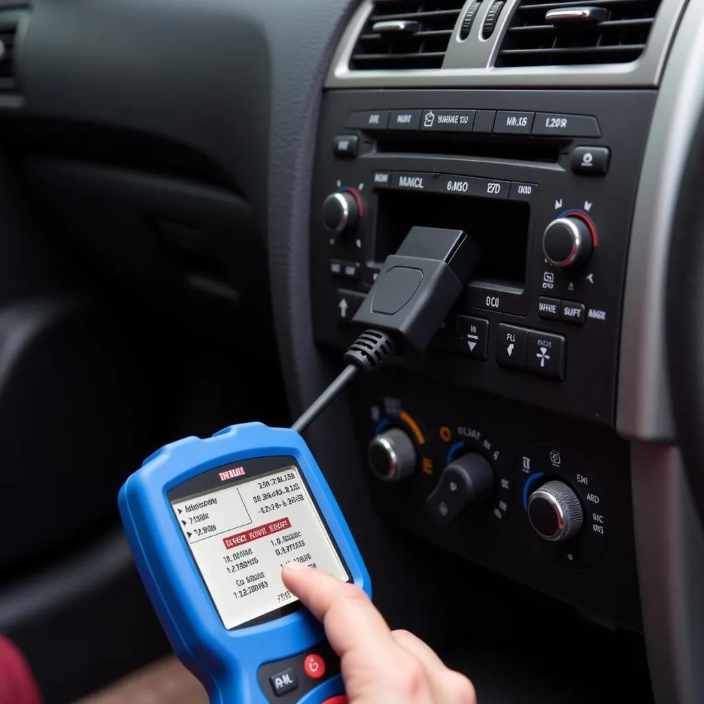 Mechanic connecting code reader scan tool to car's OBD-II port