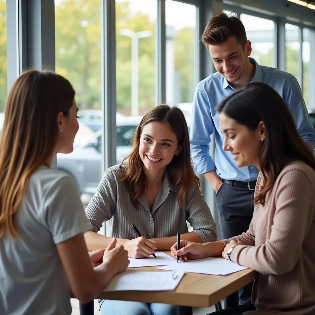 Couple Signing Car Loan Documents at Dealership