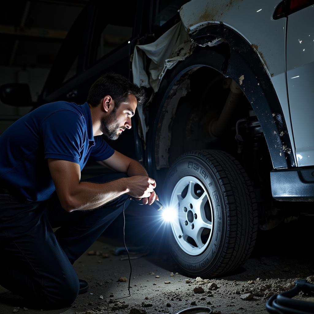 Inspecting a crashed car for damage