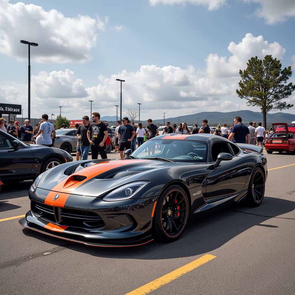 A group of people admiring a collection of crazy cars at a car show.