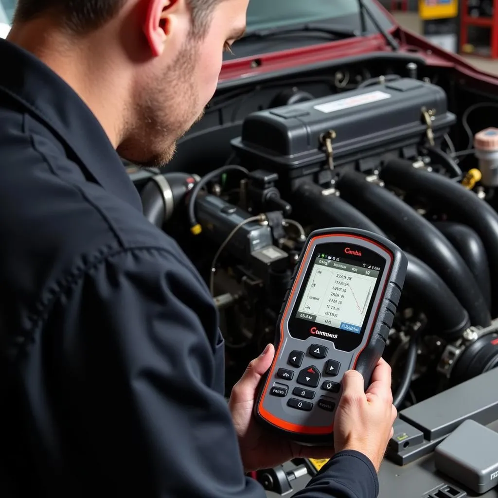 A technician using the Cummins Insite scan tool to diagnose a Cummins engine