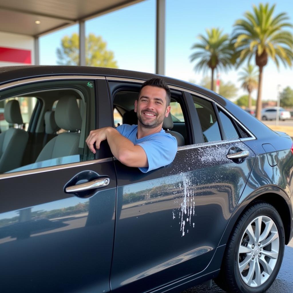 A customer exiting their sparkling clean car from a Fuller's Car Wash.