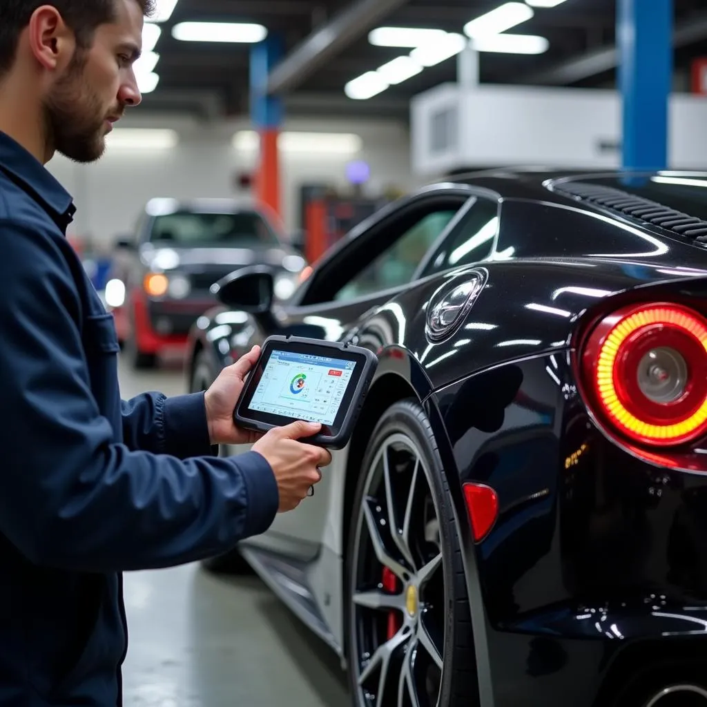 Mechanic using a d9 scan tool to diagnose a car