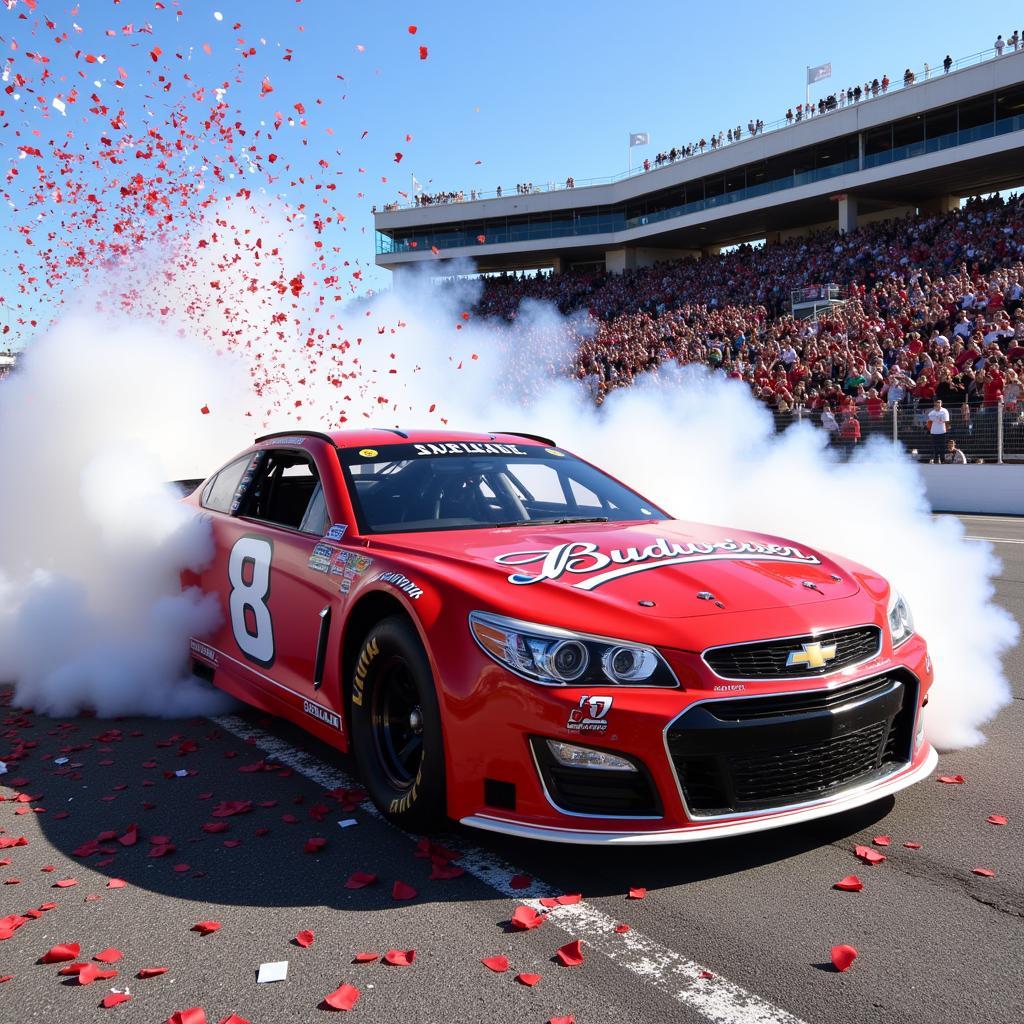 Dale Jr. celebrates a Daytona 500 win in his #8 Budweiser Chevrolet