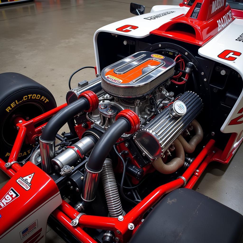 Close-up view of the engine and chassis of a Dale Jr. race car