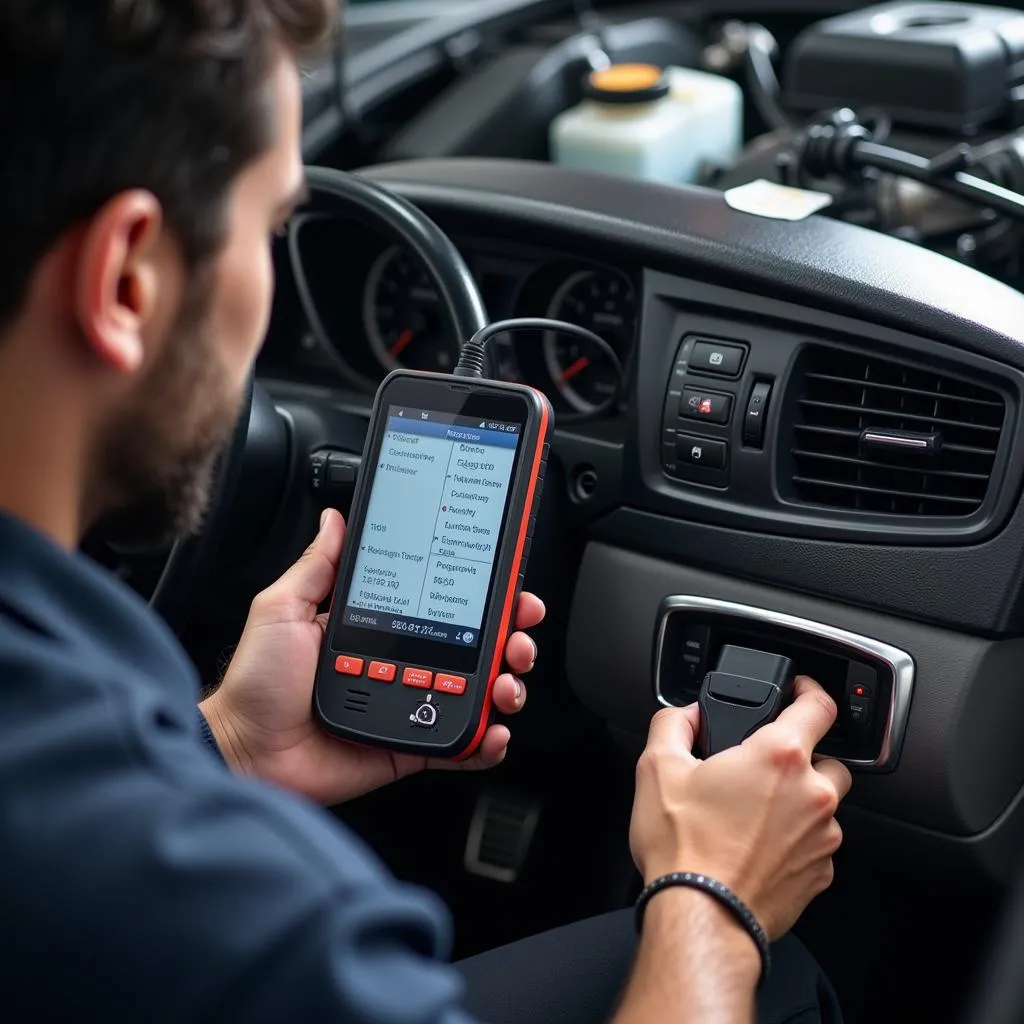 Mechanic Using Dealer Scanner to Diagnose Car Engine