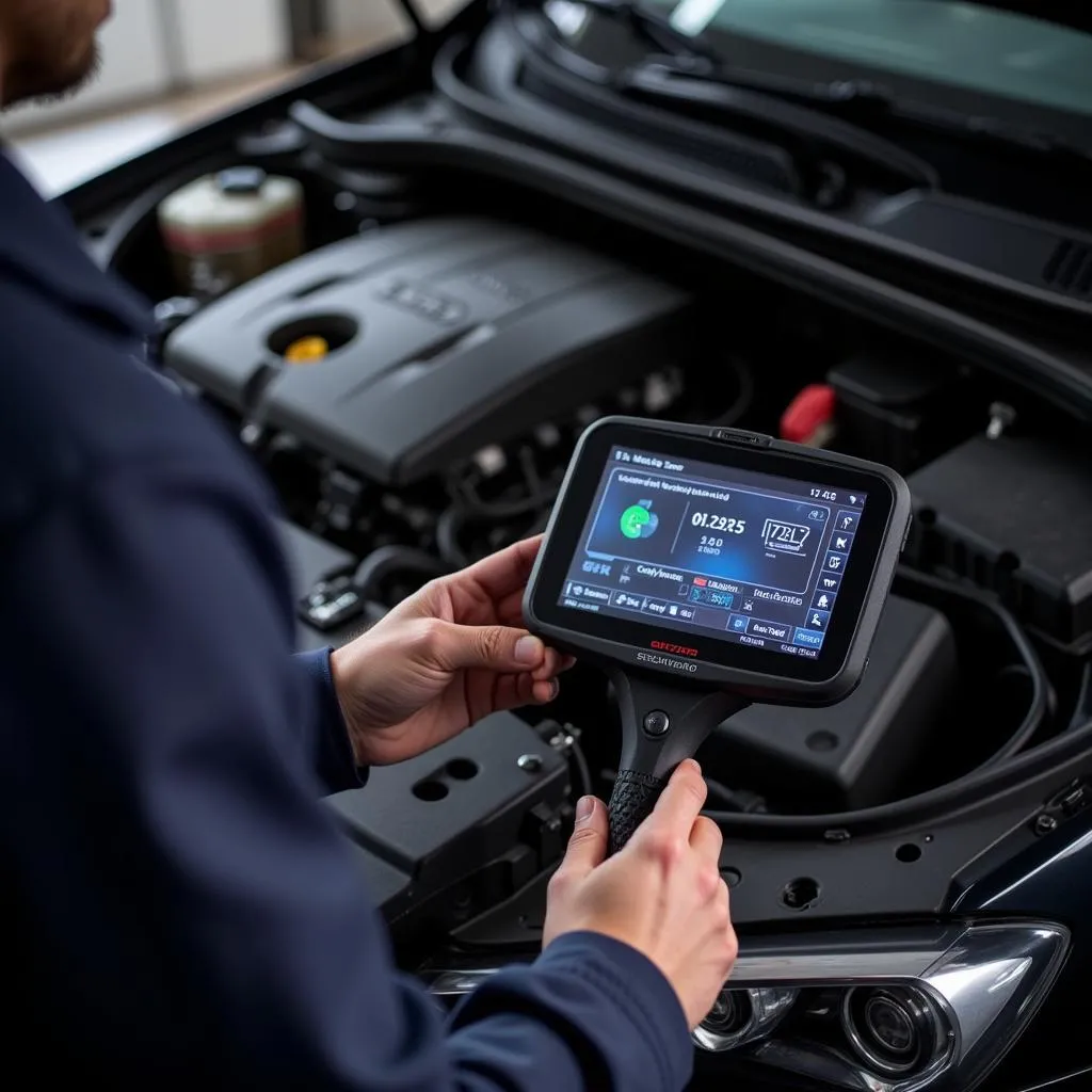 Dealer scanner diagnosing a car engine