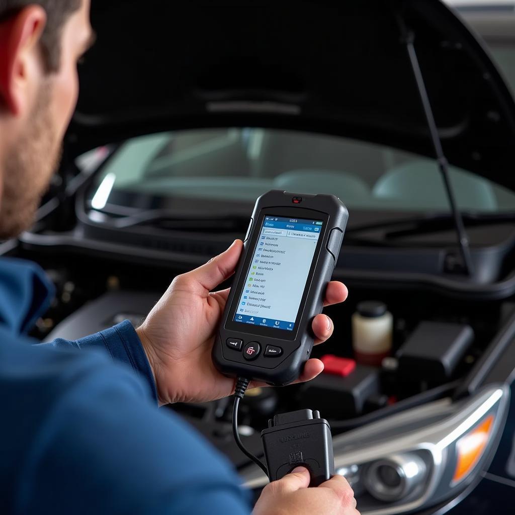 Dealer scanner diagnosing car engine