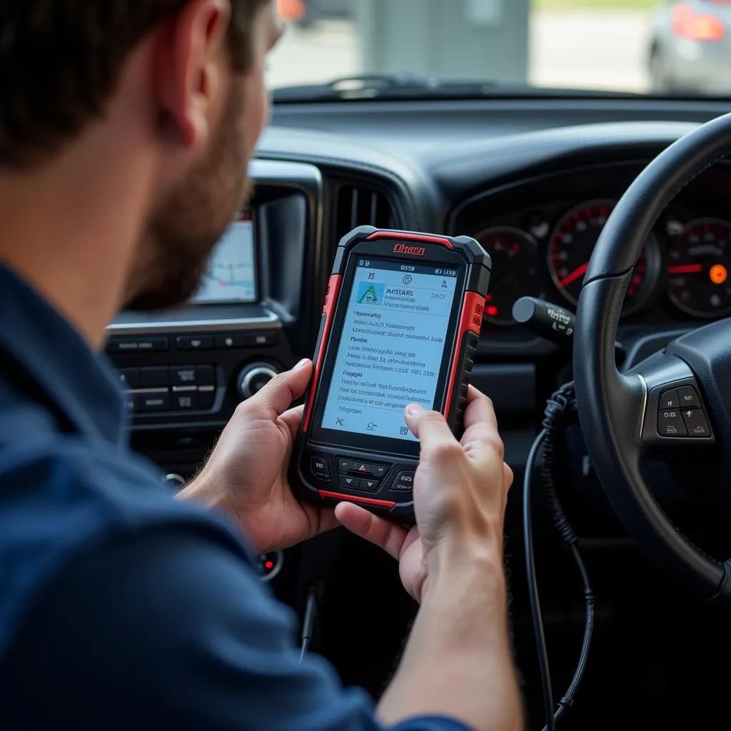 Mechanic using dealer scanner to diagnose vehicle