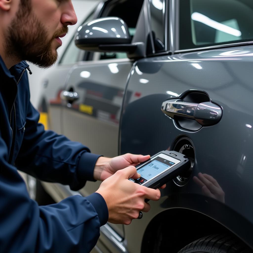 Mechanic using a dealer scanner to diagnose a car