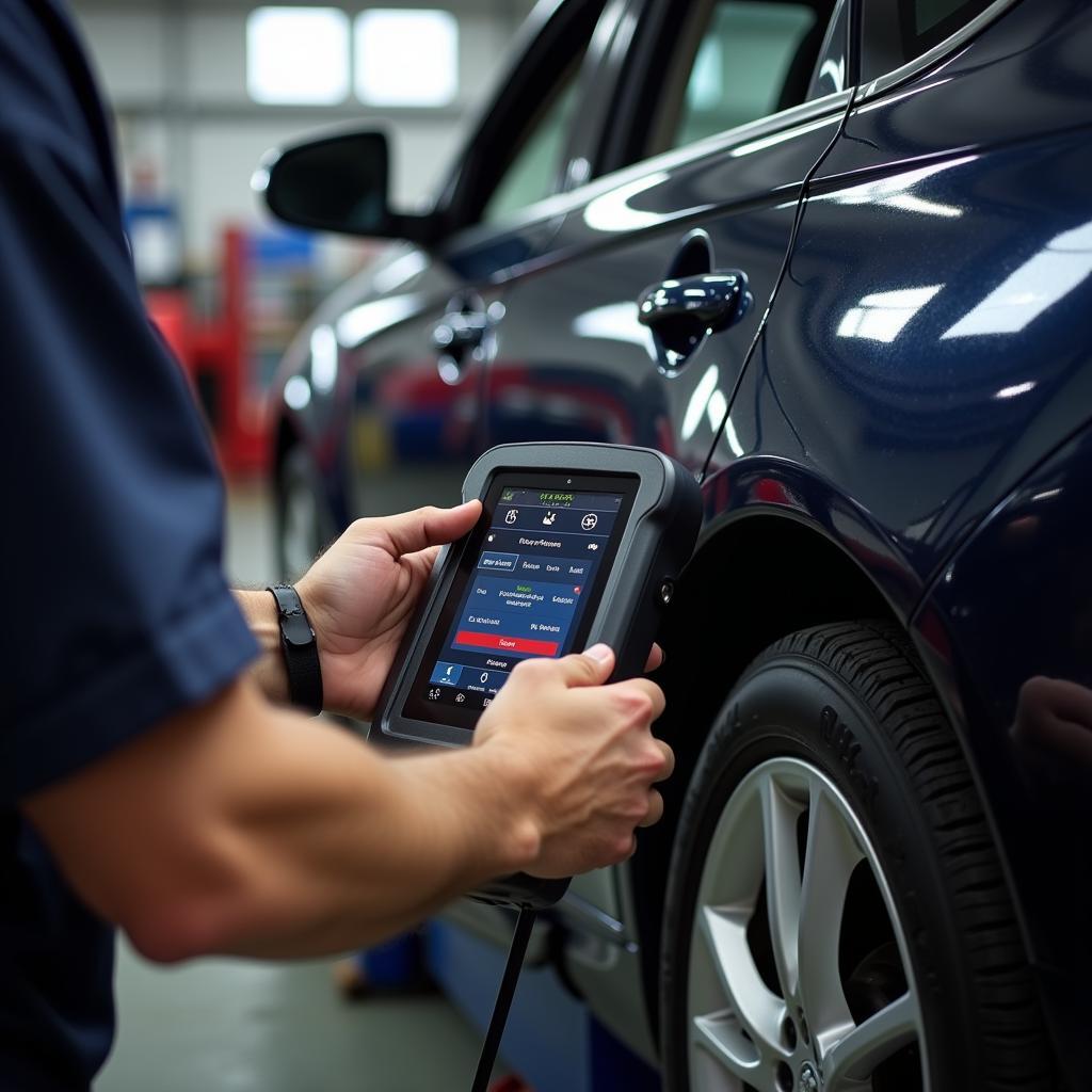 Auto technician using a dealer-level scanner in a Latham auto shop