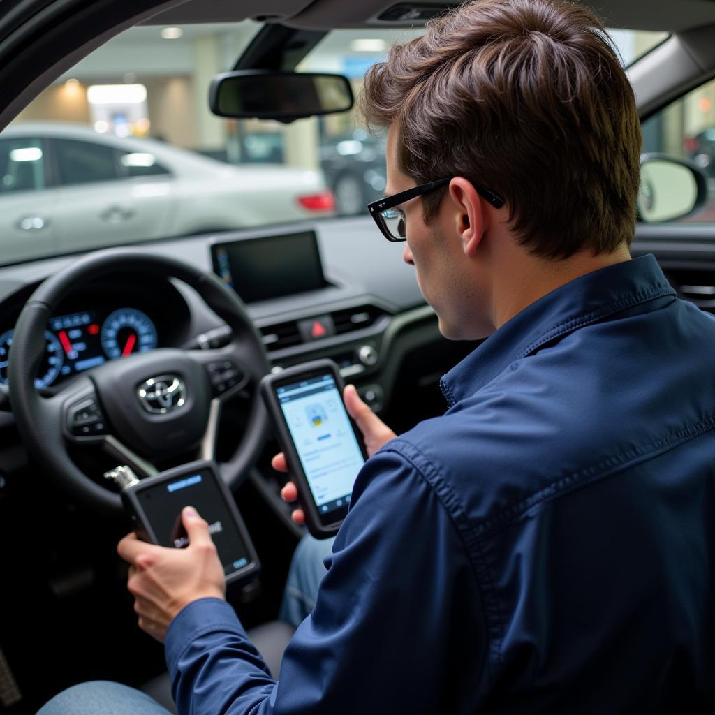 Dealer Scanner Technician Using a Diagnostic Tool