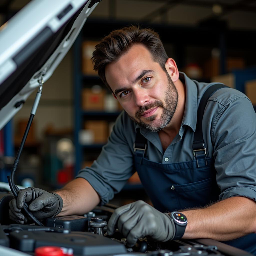 Mechanic using diagnostic tools