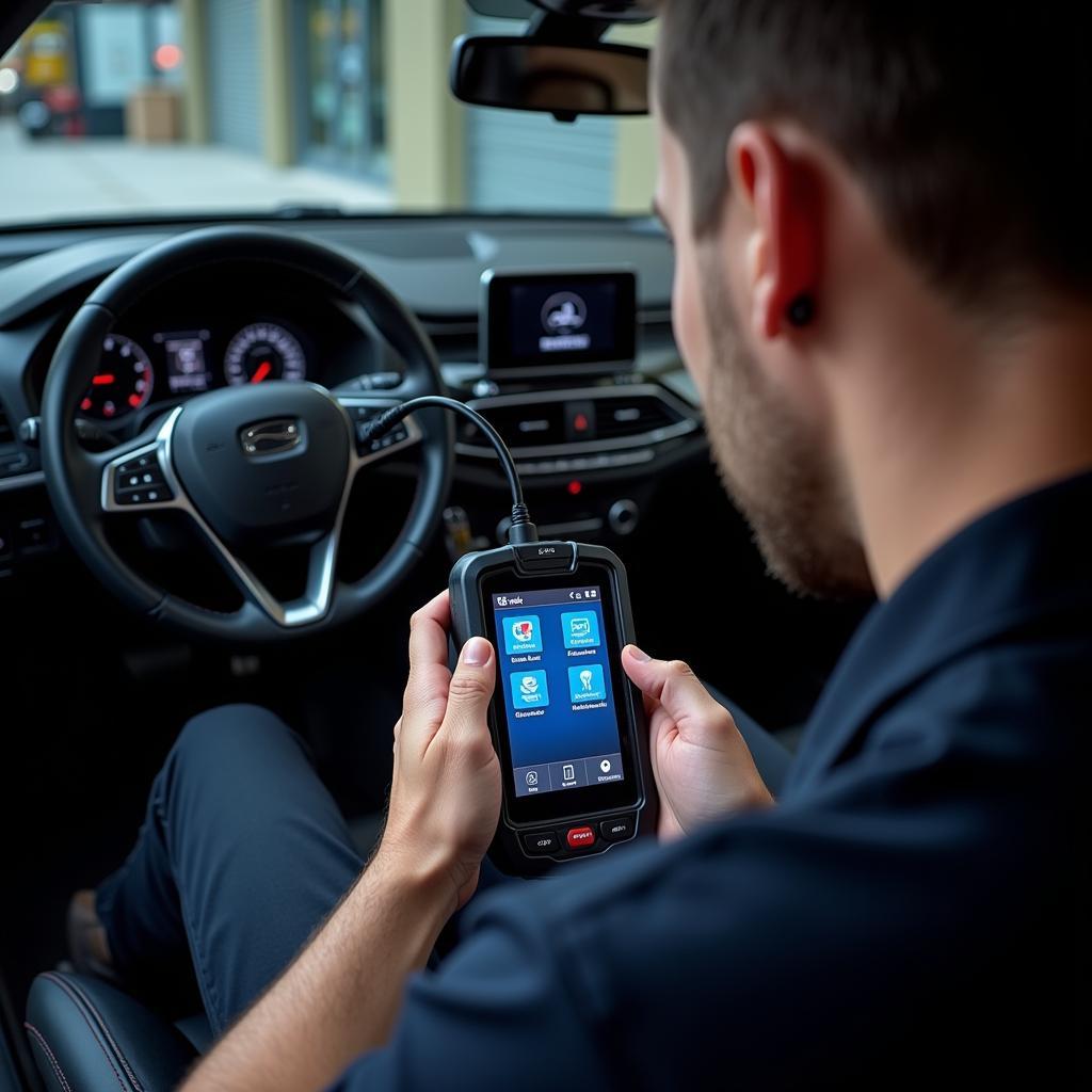 Mechanic using a diagnostic scan tool on a European car