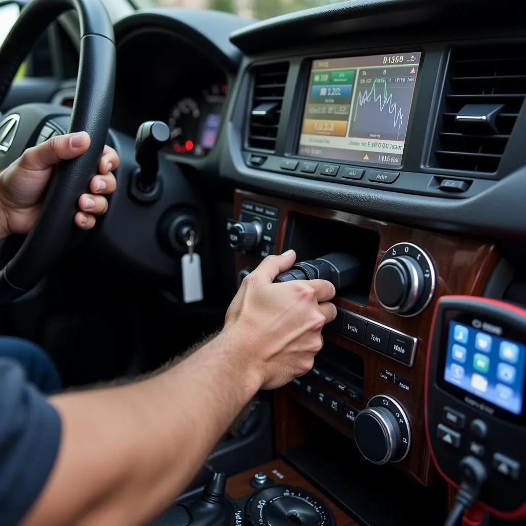 Mechanic using a diagnostic scan tool on a Lexus GX470 engine