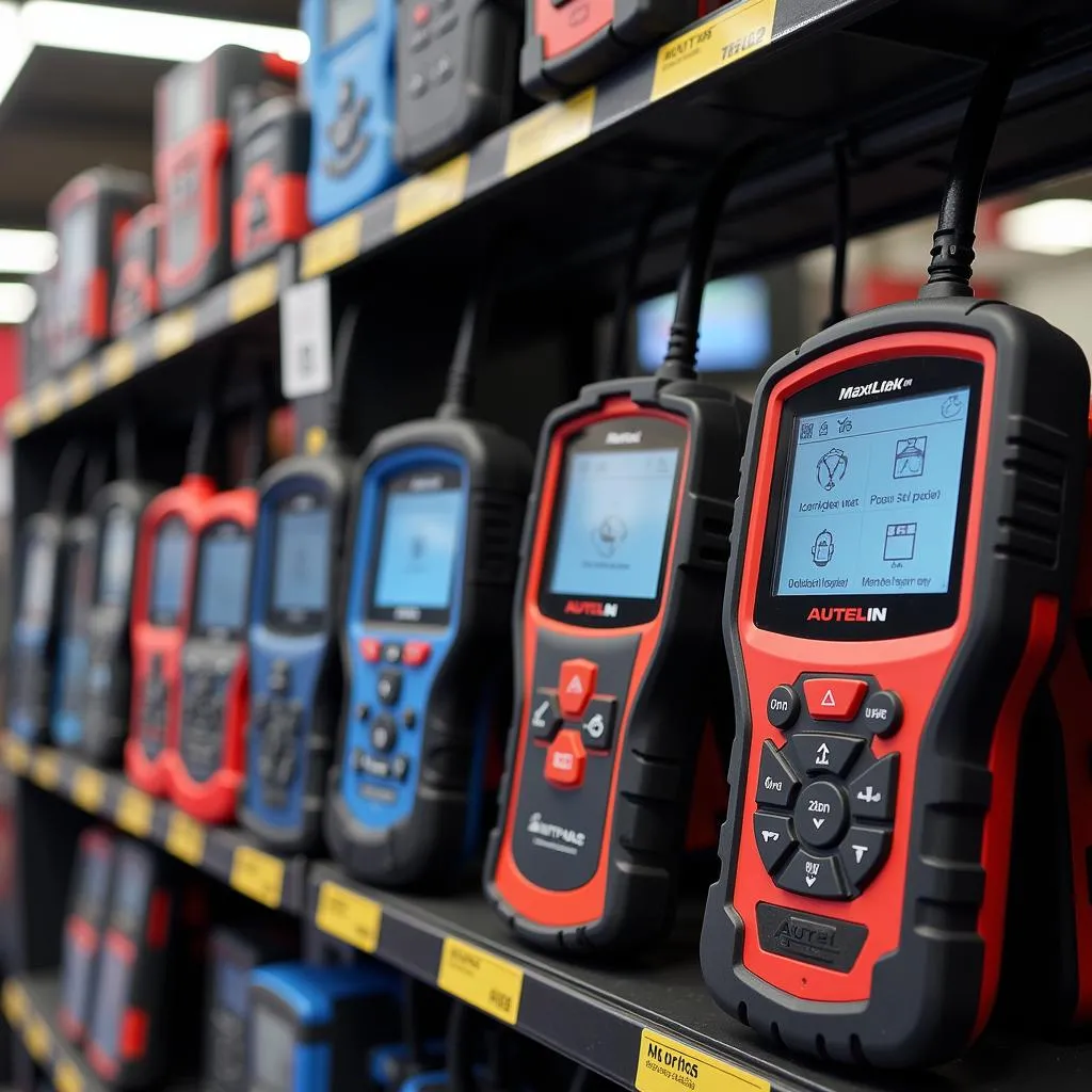 Different Autel diagnostic scanners on display in a shop