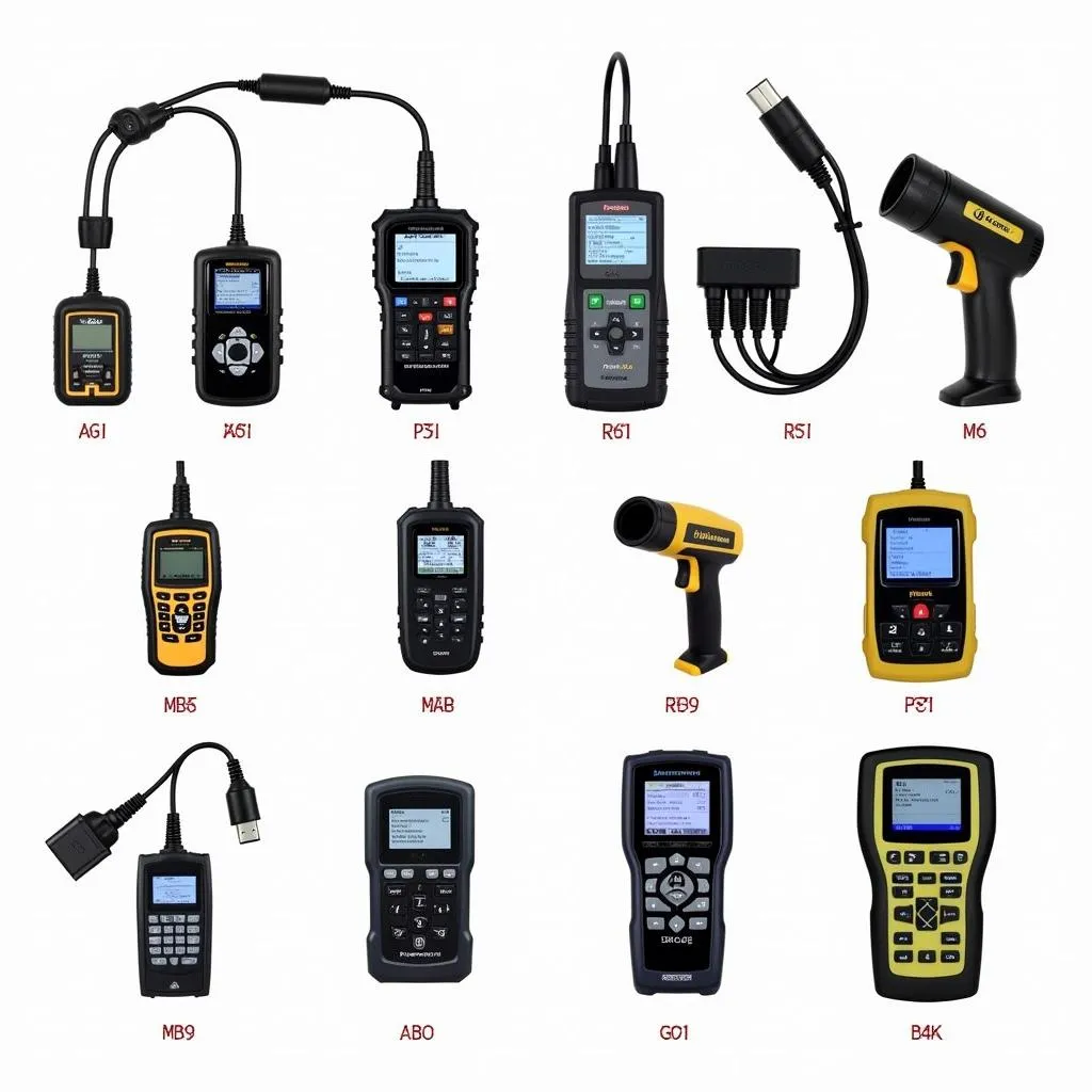 A variety of ABS brake code scanners displayed on a workbench