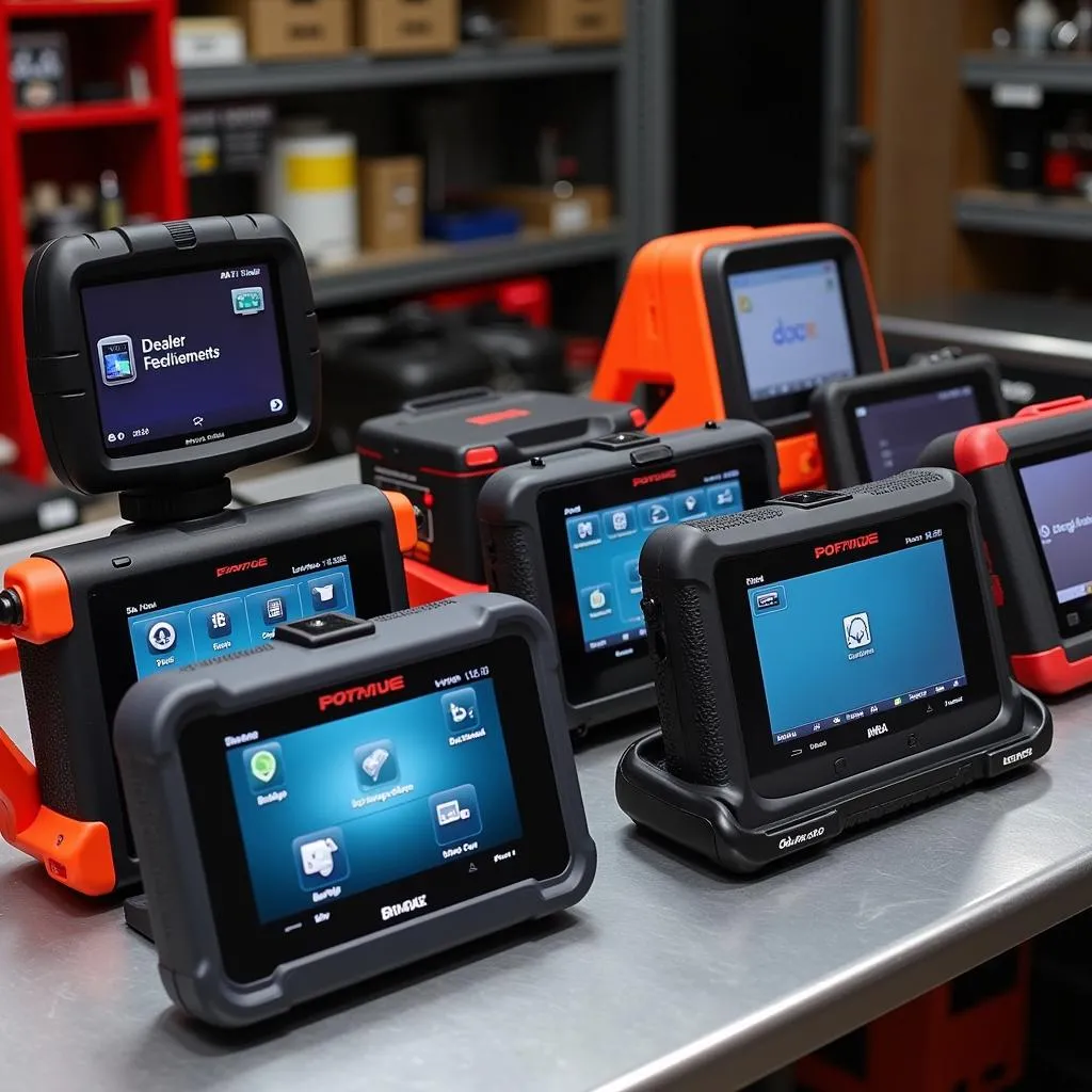 Variety of Dealer Scanners Displayed on Workbench