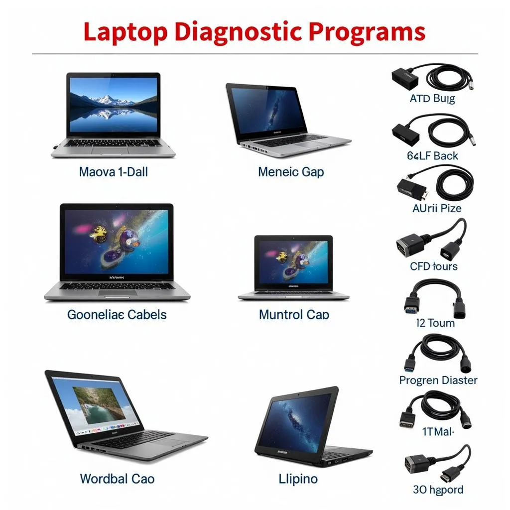 Various laptop diagnostic programs displayed on a workbench